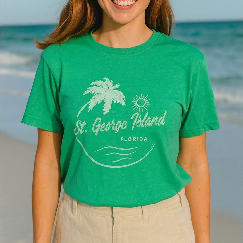 St George Island Florida T-Shirt Green M Vacation Souvenir S/S Crew Neck